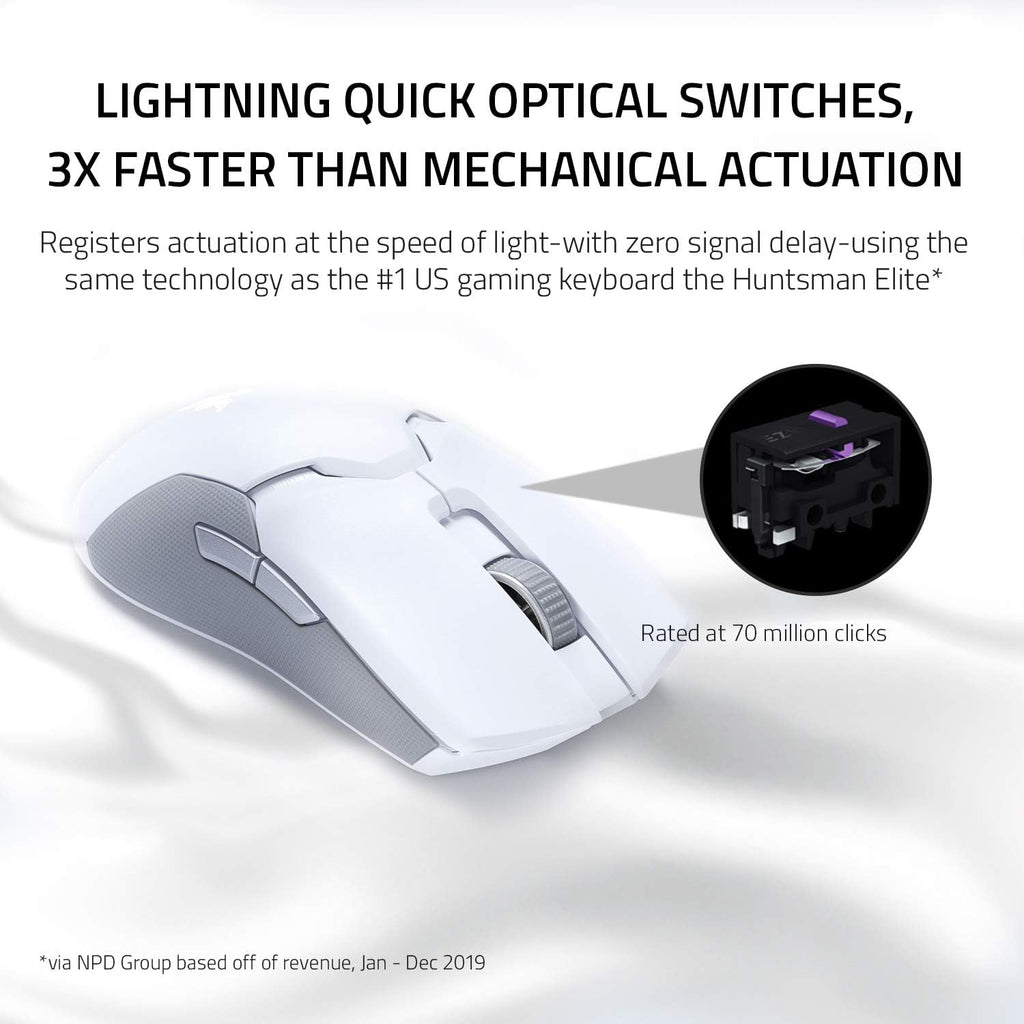 Souris gaming à connectivité sans fil ultra-légère Razer Viper Ultimate et station de charge RGB : Technologie à connectivité sans fil Hyperspeed - Capteur optique 20 000 DPI - Poids plume de 74 g - Autonomie de 70 h - Blanc mercure