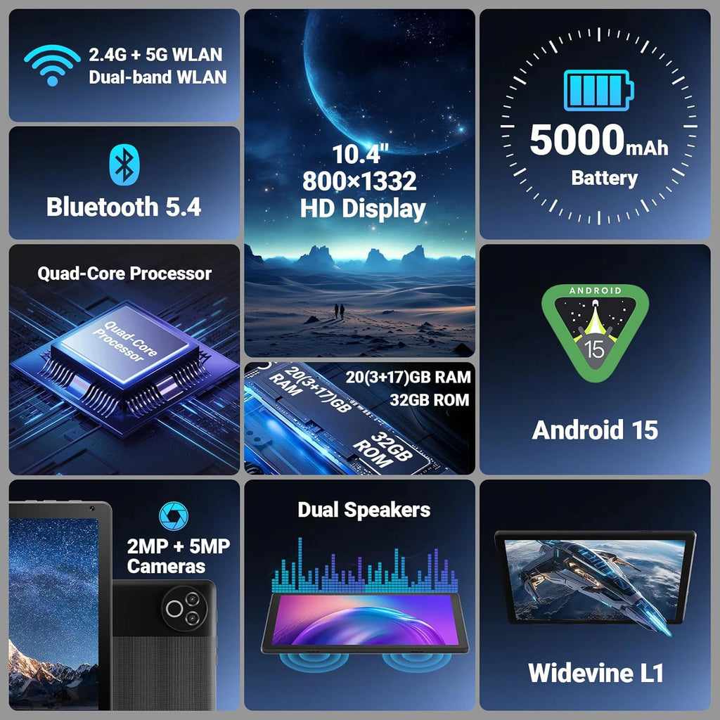 Tablette tactile Android 15, 10 pouces, 16 Go de RAM, 32 Go de ROM extensible jusqu'à 1 To, Wi-Fi 6 et Bluetooth 5.4, processeur 5 cœurs, écran tactile IPS HD, autonomie de plus de 8 heures, double caméra, tablette portable pour enfants et adultes, c