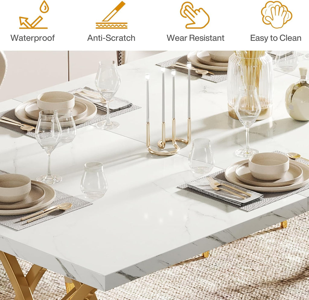 Table de salle à manger moderne Tribesigns, grande table de cuisine de 63 pouces pour 4 à 6 personnes, table rectangulaire unique pour la cuisine et la salle à manger dotée de plateau en faux marbre et pieds géométriques