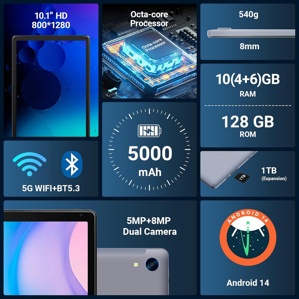Tablette tactile Android 10,1 pouces, processeur octocœur, 10 Go de RAM + 128 Go de ROM extensible jusqu'à 1 To, écran tactile IPS HD 1280 x 800 (Widevine L1), double caméra 5 MP + 8 MP, déverrouillage facial, batterie 5000 mAh, Wi-Fi 6, Bluetooth 5.