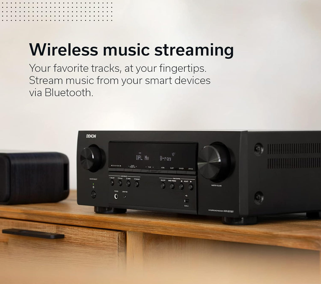 Amplificateur audio-vidéo Denon AVR-S570BT 5.2 canaux, compatible 8K Ultra HD, doté de streaming à connectivité sans fil Bluetooth, 4 entrées HDMI 8K et eARC HD. Assistant de configuration HD.