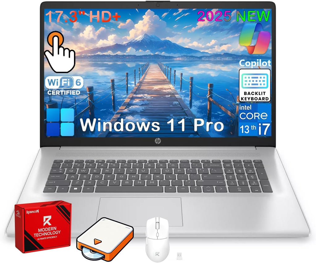 Ordinateur compact portable HP 17 pouces tactile, 32 Go de RAM, SSD 1 To, écran tactile HD+ 17,3 pouces, processeur Intel Core i7 1355U, clavier rétroéclairé, Copilot AI, Wi-Fi 6, Windows 11 Pro, autonomie longue durée, idéal pour les professionnels.