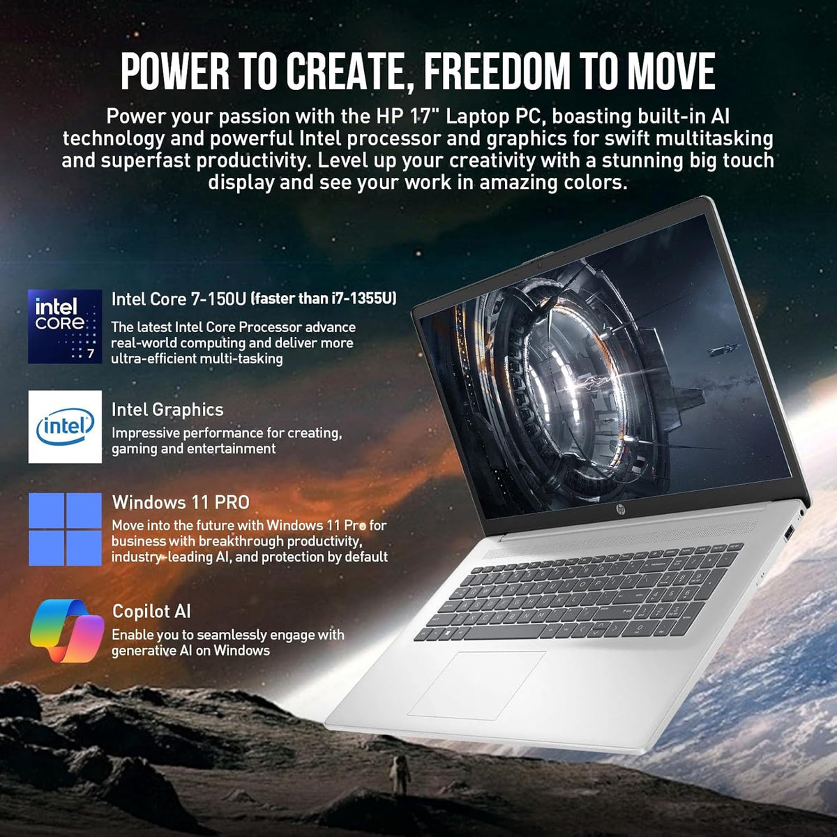 Ordinateur compact portable HP PowerBook 2026 17 pouces, écran IPS FHD 17,3 pouces, PC professionnel, processeur Intel Core i7 (10 cœurs, supérieur à l'Intel Core i7-1355U de 13e génération), Windows 11 Professionnel, 64 Go de RAM, SSD de 2 To, pavé