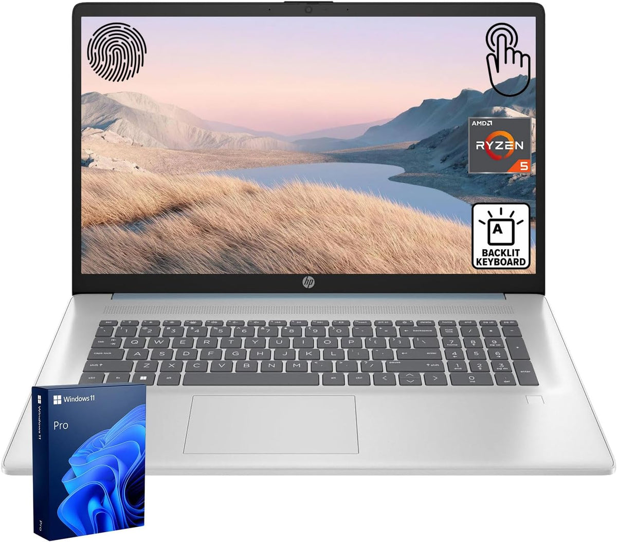 Ordinateur compact portable HP 17,3 pouces LED tactile pour professionnels et particuliers, processeur AMD Ryzen 5 7430U, 32 Go de RAM, SSD PCIe de 1 To, lecteur d'empreintes digitales, clavier rétroéclairé, webcam HD, HDMI, Wi-Fi 6, Windows 11 Pro