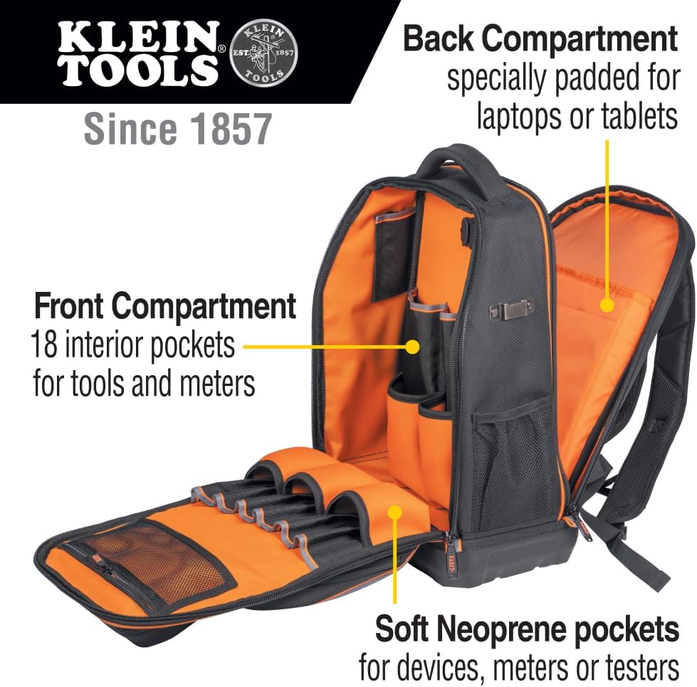 Sac à dos pour ordinateur compact portable Klein Tools 62805BPTECH à 28 poches, sac à outils Tradesman Pro extra-large avec fond moulé et port de chargement