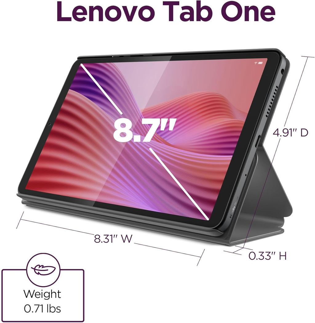 Lenovo Tab One - Tablette tactile légère - Jusqu'à 12,5 heures de streaming YouTube - Écran HD 8,7 pouces - 4 Go de mémoire - 64 Go de stockage - Processeur MediaTek Helio G85 - Étui folio inclus