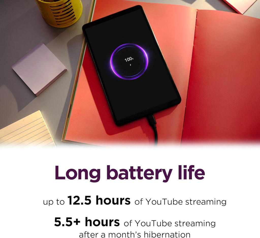 Lenovo Tab One - Tablette tactile légère - Jusqu'à 12,5 heures de streaming YouTube - Écran HD 8,7 pouces - 4 Go de mémoire - 64 Go de stockage - Processeur MediaTek Helio G85 - Étui folio inclus
