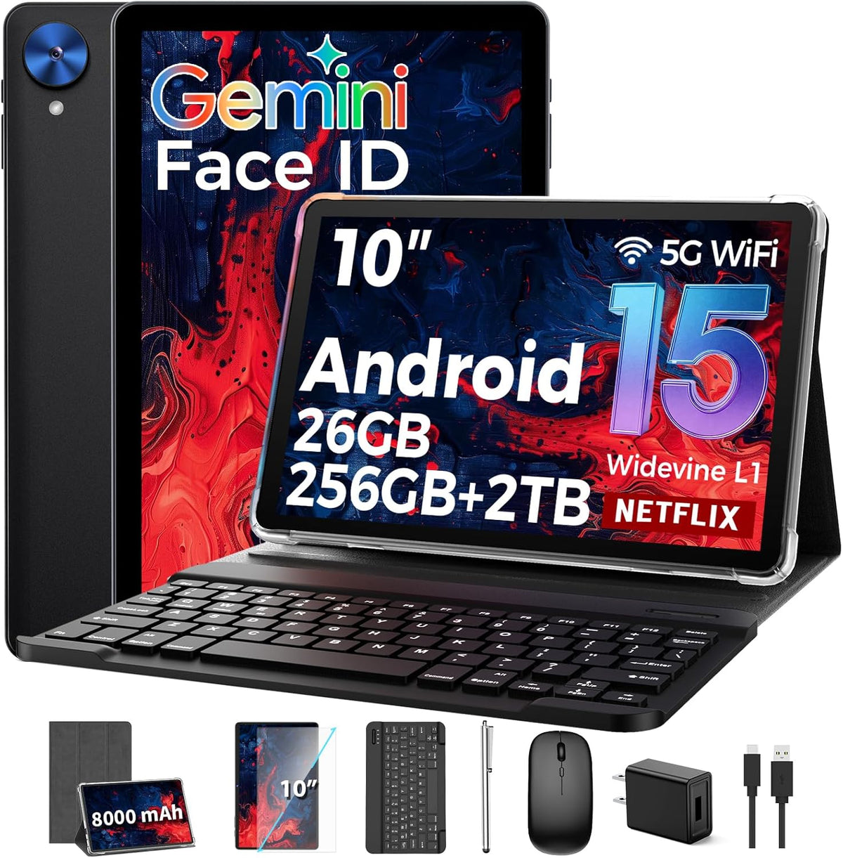 Tablette tactile avec clavier, tablette Android 15 (2026) avec 26 Go + 256 Go + 2 To extensible, écran 10 pouces, processeur 8 cœurs, intelligence artificielle Gemini, Wi-Fi 5G, batterie 8 000 mAh, Bluetooth 5.0, GPS, étui, souris et stylet inclus (é