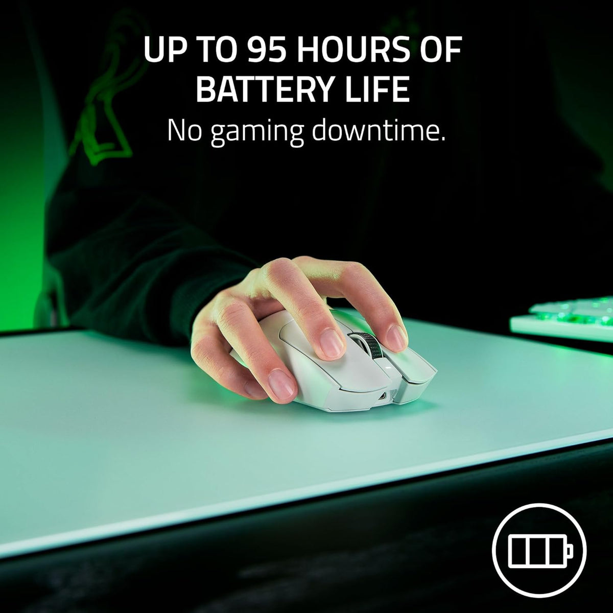 Souris gaming à connectivité sans fil Razer Viper V3 Pro : symétrique, légère (55 g), fréquence de rafraîchissement de 8 000 Hz, capteur optique 35 000 DPI, commutateurs optiques Gen3, 8 boutons programmables, autonomie de 95 h, blanche.