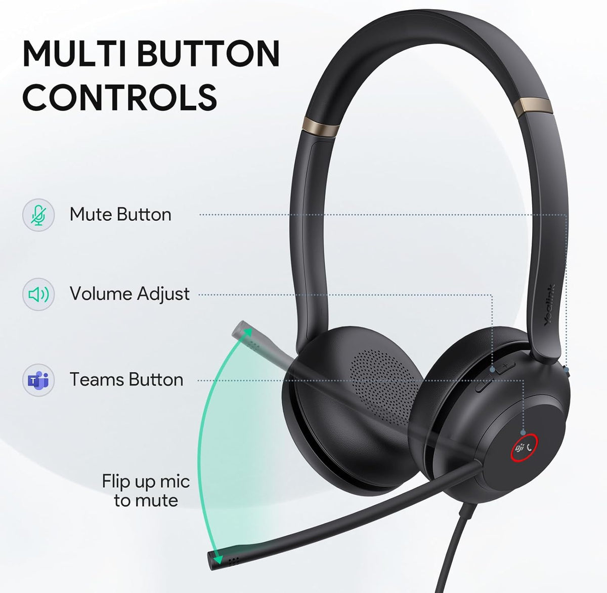 Casque USB Yealink UH37 avec microphone antibruit, casque filaire pour PC et ordinateur compact portable, certifié Teams, câble USB-A/C, compatible avec Zoom et autres plateformes de communications unifiées de premier plan.