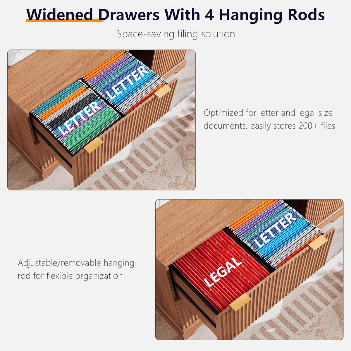 Classeur à deux tiroirs JXQTLINGMU dotée de station de charge, classeur latéral cannelé 30 pouces avec tringle de suspension pour dossiers format lettre/légal/A4, grand plateau pour imprimante, meuble de bureau en bois pour imprimante, finition grain
