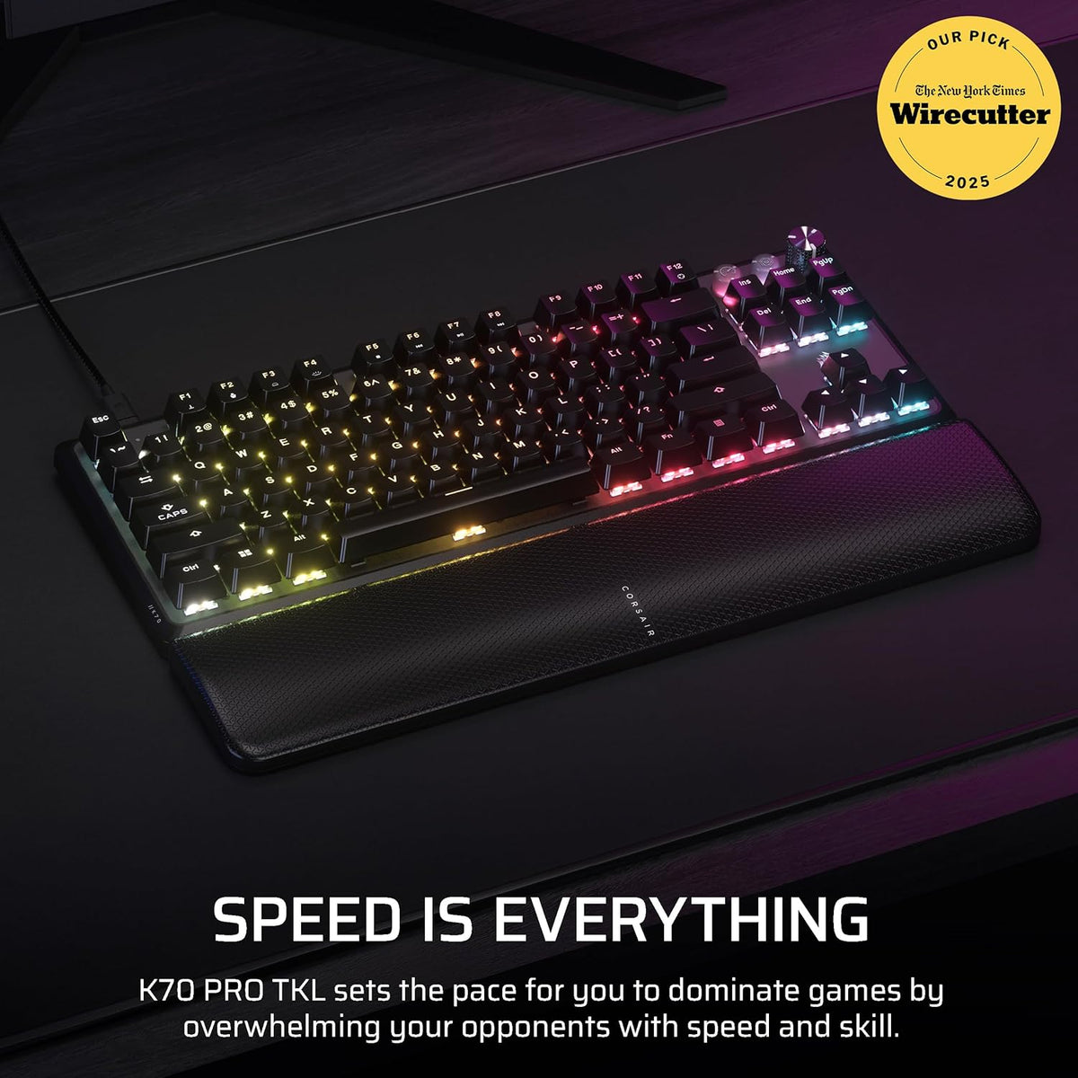 Clavier de jeu mécanique doté de connectivité filaire sans pavé numérique Corsair K70 PRO TKL RGB – Switches MGX Hyperdrive à effet Hall pré-lubrifiés et réglables, SOCD et déclenchement réactif simultanés, ABS double injection, QWERTY NA – Noir