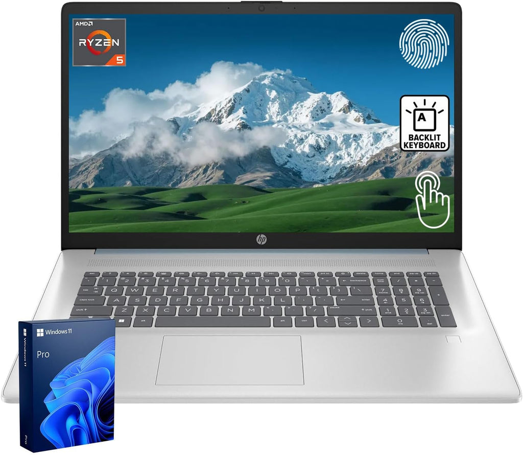 Ordinateur compact portable HP 17,3" Professionnel et Familial : écran tactile LED 17,3", processeur AMD Ryzen 5 7430U, 32 Go de RAM, SSD PCIe 2 To, clavier rétroéclairé, lecteur d'empreintes digitales, webcam, HDMI, Wi-Fi 6, Windows 11