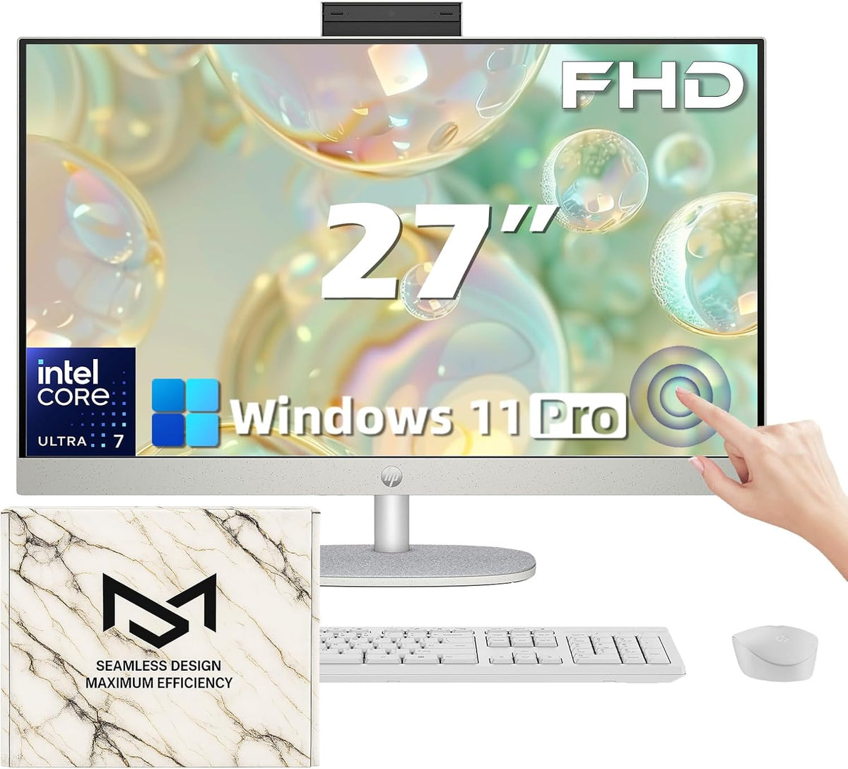 Ordinateur de bureau professionnel tout-en-un HP 27" FHD tactile doté de AI Copilot, processeur Intel Ultra 7 155U à 12 cœurs (plus performant que l'i7-1355U), clavier et souris à connectivité sans fil, Wi-Fi 6, Windows 11 Pro (64 Go de RAM | SSD de…