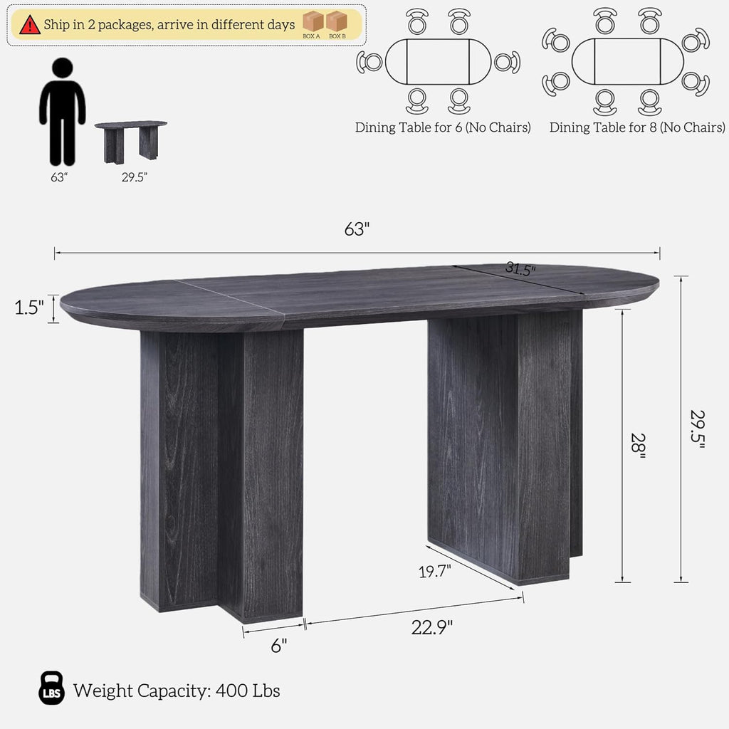 Table de salle à manger ovale moderne en bois OKD de 160 cm (63 pouces) pour 4 à 6 personnes, dotée de piètement stable en forme de T, structure en métal et plateau épais. Table robuste idéale pour la salle à manger, la cuisine ou les réunions de fam