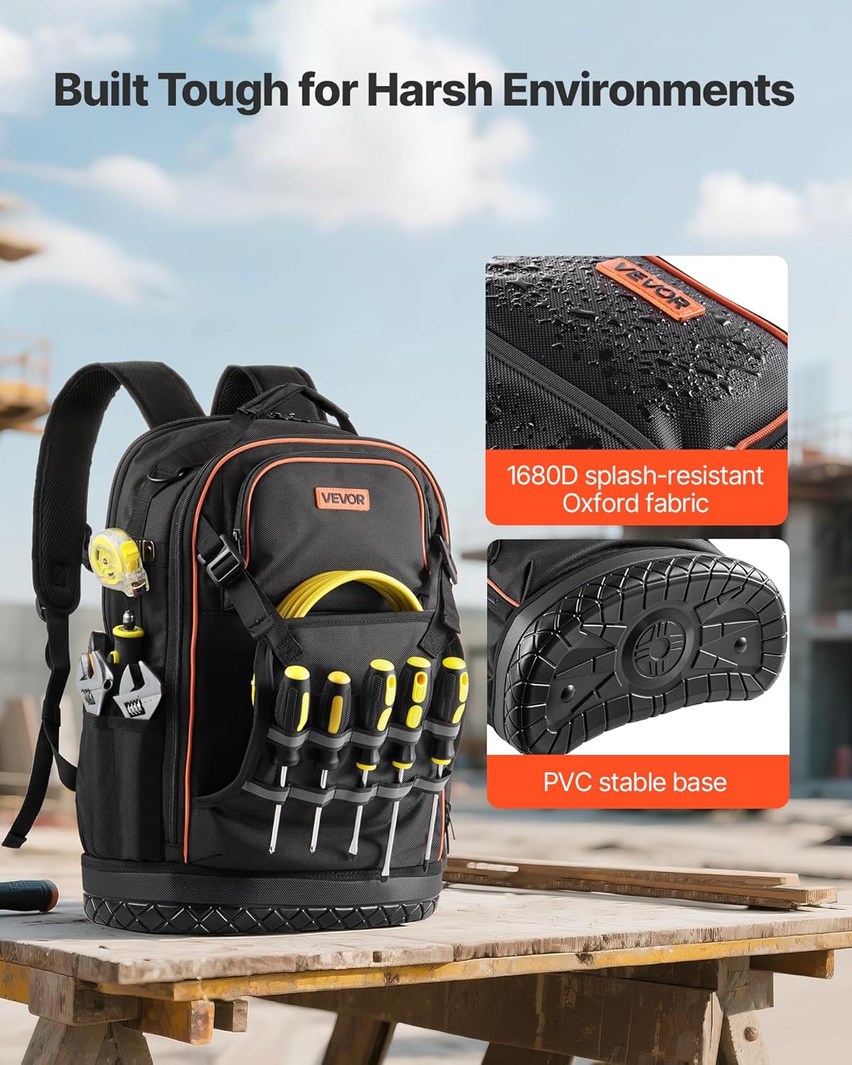 Sac à dos VEVOR pour outils, 65 poches, organisateur de rangement robuste avec compartiment pour ordinateur compact portable et fond moulé, sac à dos de chantier pour électriciens, réparateurs et techniciens CVC.