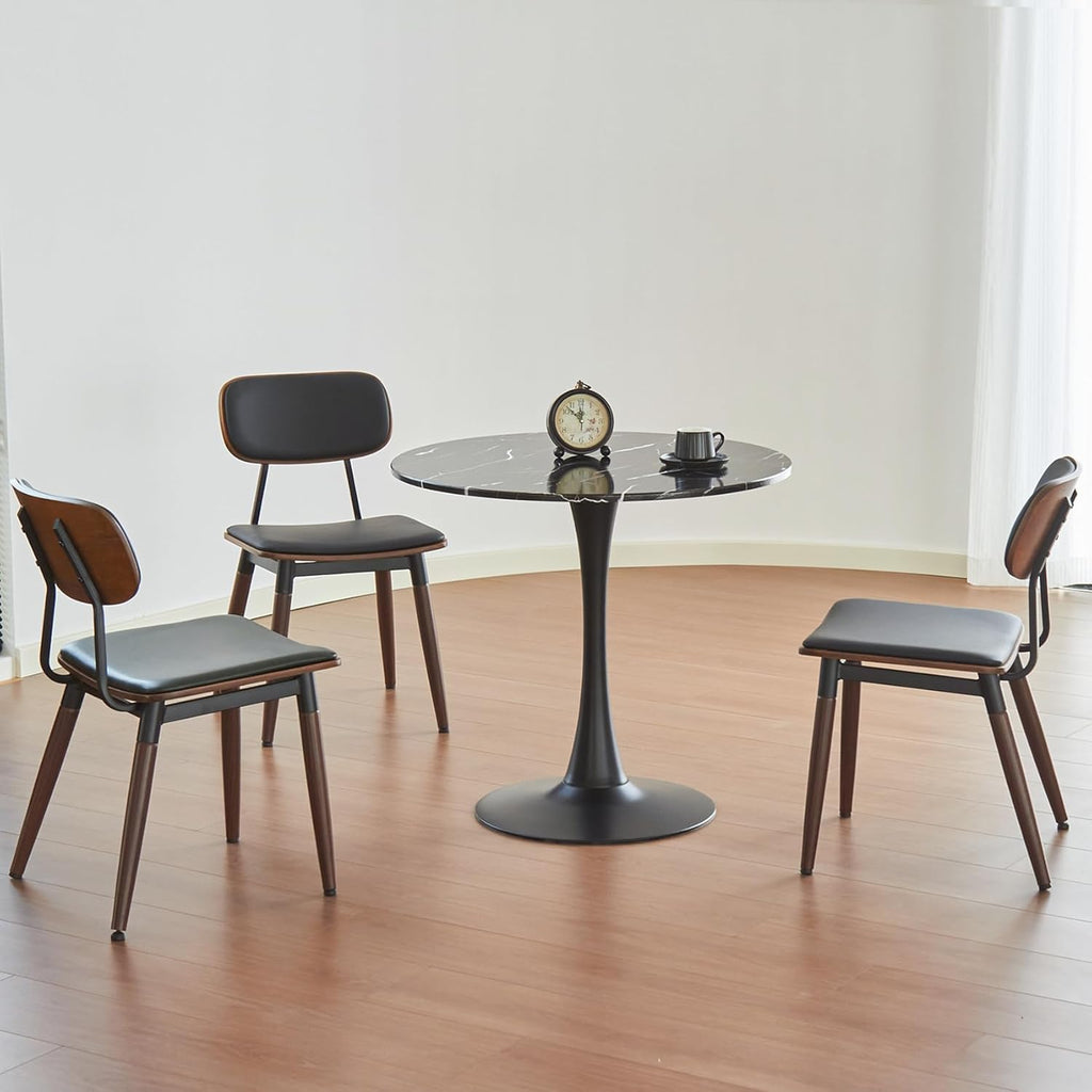 Table de salle à manger ronde, table tulipe circulaire de 80 cm dotée de plateau épais et pied en métal, table bistro moderne du milieu du siècle pour cuisine, petits espaces, salon, café (motif marbre noir)