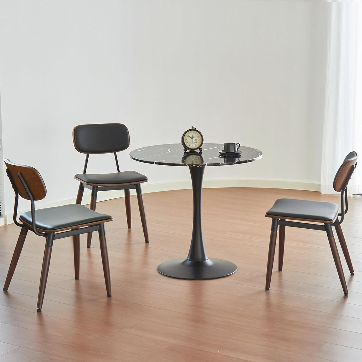 Table de salle à manger ronde, table tulipe circulaire de 80 cm dotée de plateau épais et pied en métal, table bistro moderne du milieu du siècle pour cuisine, petits espaces, salon, café (motif marbre noir)
