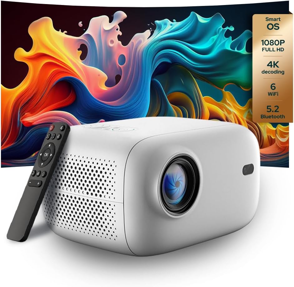 Projecteur intelligent au format compact PJ500, écran HD 1080p de 40 à 130 pouces, décodage 4K, 550 lumens ANSI, mise au point automatique et correction trapézoïdale, connectivité Wi-Fi 6 et Bluetooth 5.2