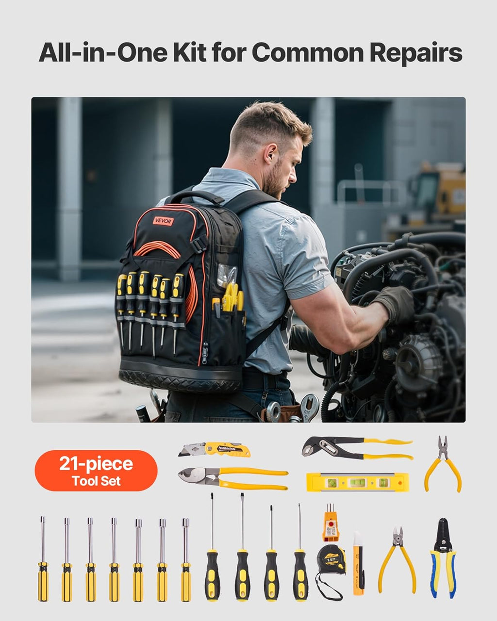 Sac à dos VEVOR pour outils, 65 poches, organisateur de rangement robuste avec compartiment pour ordinateur compact portable et fond moulé, sac à dos de chantier pour électriciens, réparateurs et techniciens CVC.