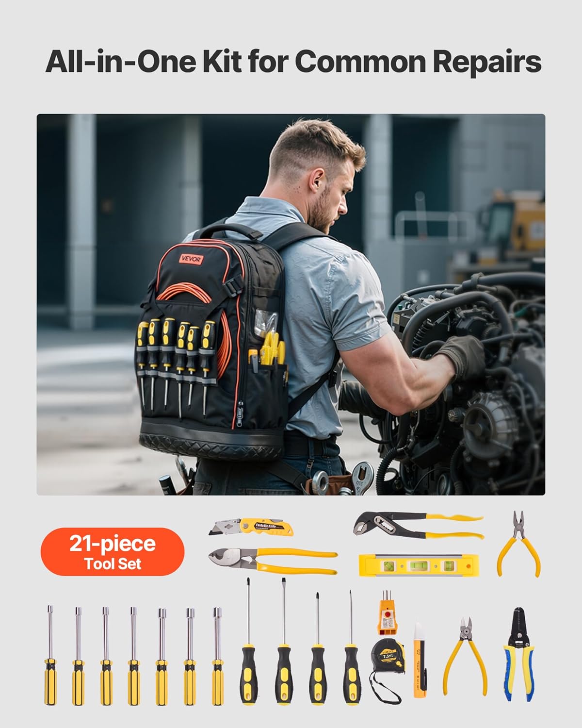 Sac à dos VEVOR pour outils, 65 poches, organisateur de rangement robuste avec compartiment pour ordinateur compact portable et fond moulé, sac à dos de chantier pour électriciens, réparateurs et techniciens CVC.