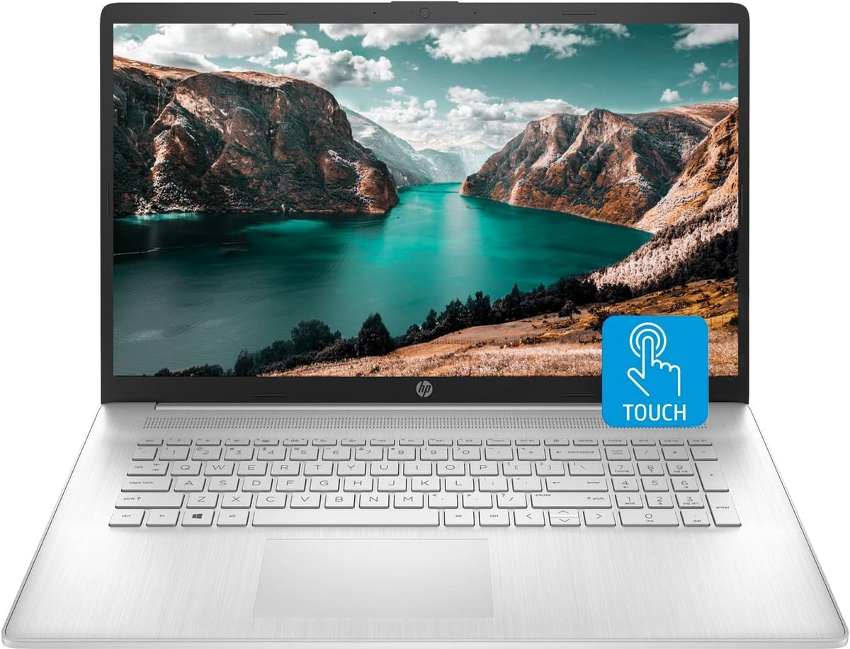 Ordinateur compact portable HP 17 : écran tactile HD+ de 17,3 pouces, processeur Intel Core i7-1255U de 12e génération, 64 Go de RAM, SSD de 2 To, webcam, HDMI, ports USB SuperSpeed, Wi-Fi 6, Windows 11 Famille, couleur argent.