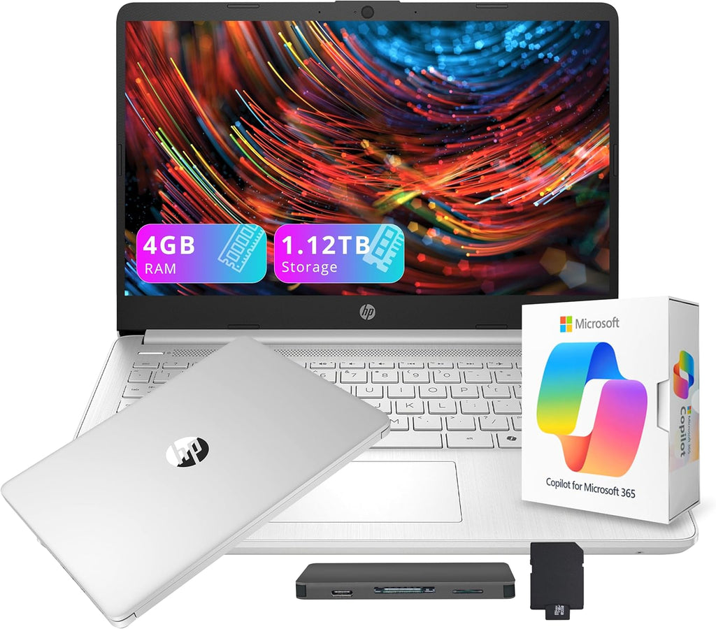 Ordinateur compact portable HP Stream 14 HD avec AI Copilot, processeur Intel N150, 4 Go de RAM, 1,12 To de stockage (128 Go UFS + station d'accueil de 1 To), carte graphique Intel, abonnement d'un an à Office 365, Wi-Fi 6, Windows 11, argent