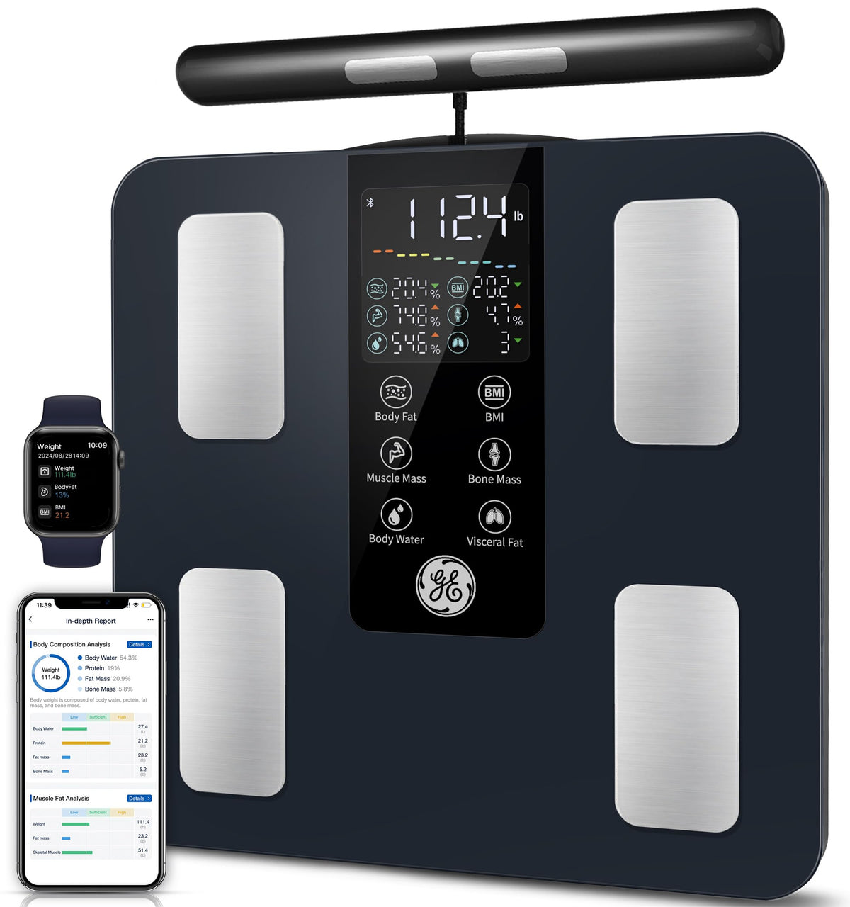 Balance connectée GE Smart Scale : analyseur de composition corporelle Bluetooth à 8 électrodes – Modèle pratique