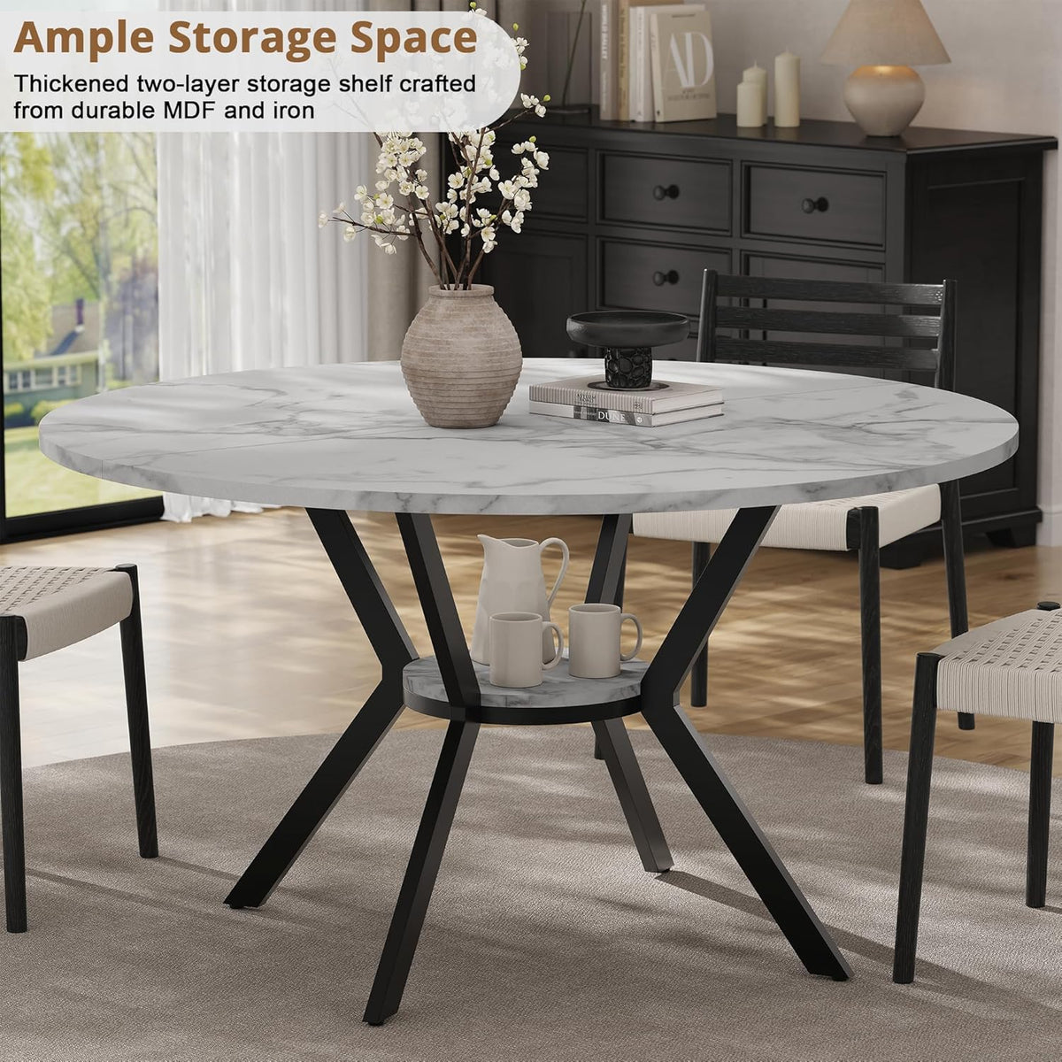 Table ronde de 107 cm (42 pouces) pour 2 à 4 personnes, table de cuisine moderne dotée de plateau en imitation marbre et pieds en métal, table ronde gain de place avec rangement, table en bois pour cuisine et salle à manger.
