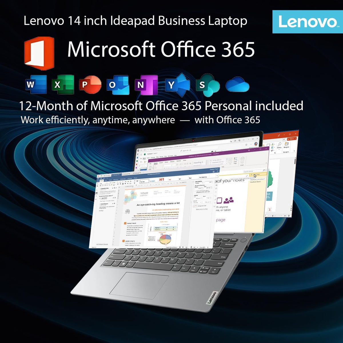Ordinateur compact portable Lenovo IdeaPad avec Microsoft Office, processeur Intel hautes performances, 12 Go de mémoire, 1,2 To (1 To Cloud et 256 Go SSD), autonomie de 11 heures, lecteur de carte SD, port USB-C, webcam, clé USB de récupération