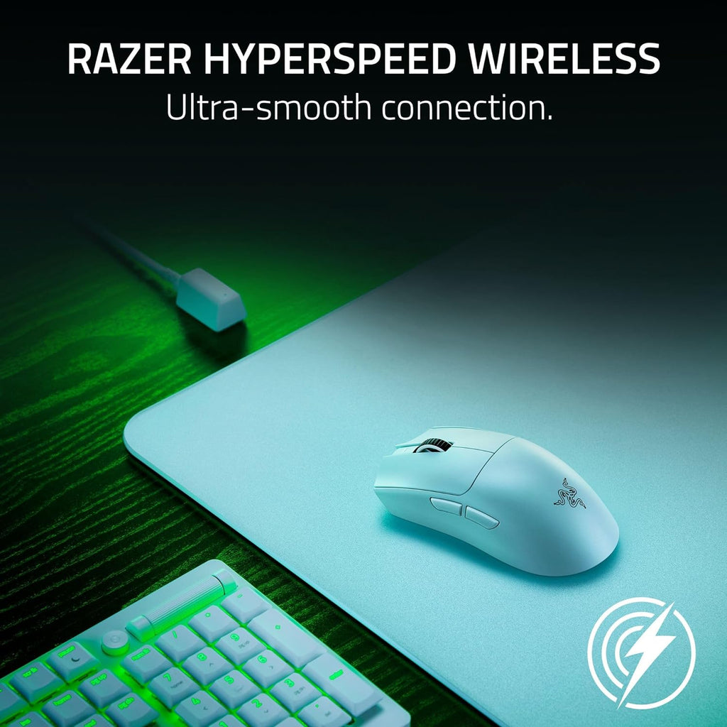 Souris gaming à connectivité sans fil Razer Viper V3 Pro : symétrique, légère (55 g), fréquence de rafraîchissement de 8 000 Hz, capteur optique 35 000 DPI, commutateurs optiques Gen3, 8 boutons programmables, autonomie de 95 h, blanche.