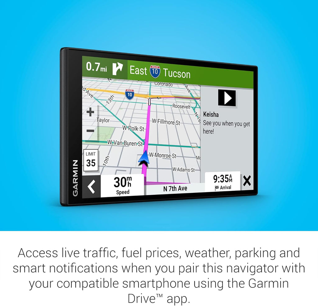 GPS de voiture Garmin DriveSmart 76 doté de écran 7 pouces, cartes haute résolution nettes et lumineuses et assistance vocale Garmin.