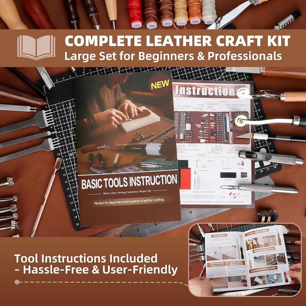 Kit d'outils pour un usage professionnel du cuir : ensemble complet incluant un tablier, des tapis de découpe, des outils de marquage, de gravure, de poinçonnage, de couture et de ponçage pour la fabrication et la réparation du cuir. adapté à les…
