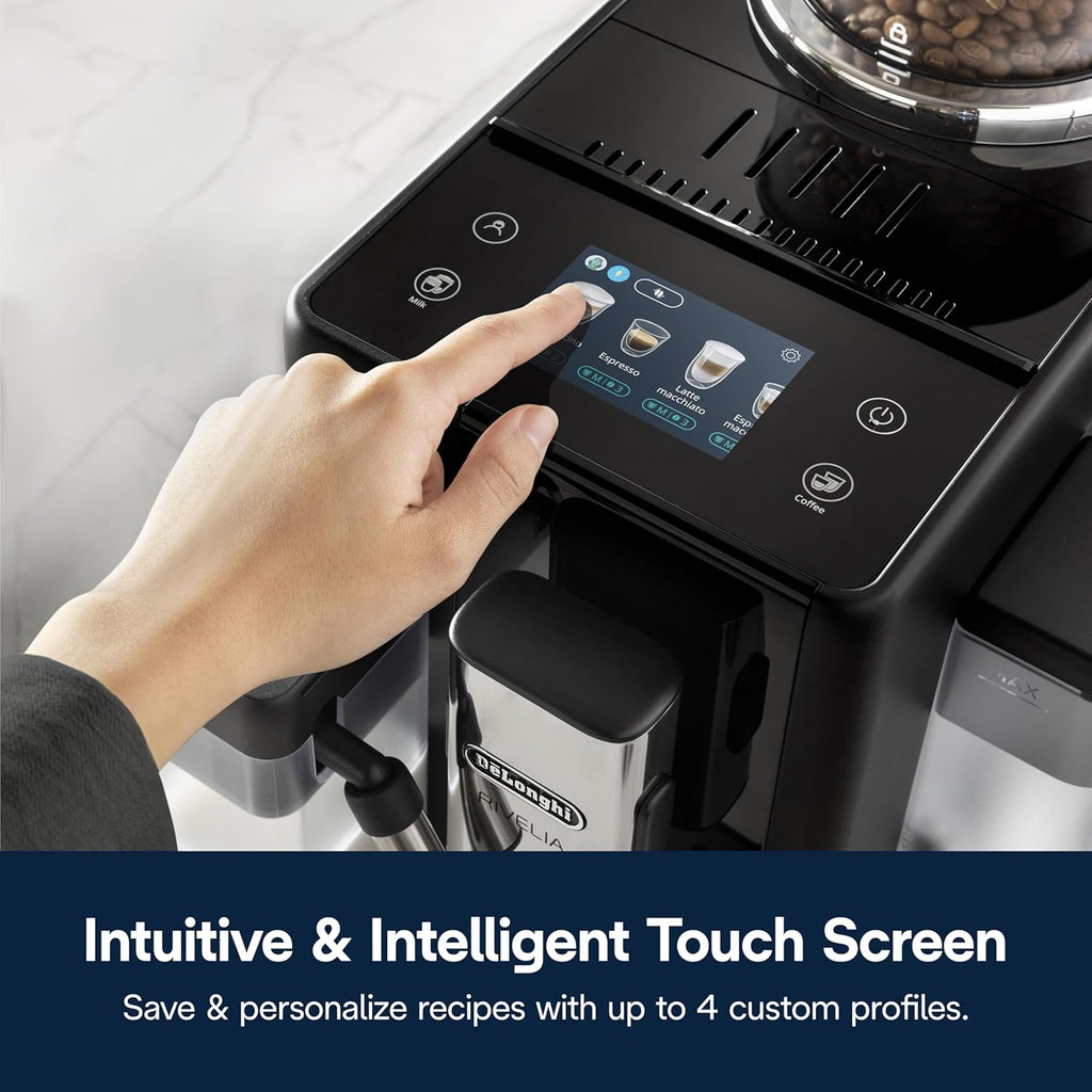 Machine à expresso automatique De'Longhi Rivelia doté de broyeur et mousseur à lait – Machine à café tout-en-un, latte chaud et glacé, cappuccino, système de sélection des grains, broyeur à meules, design italien au format compact, noir