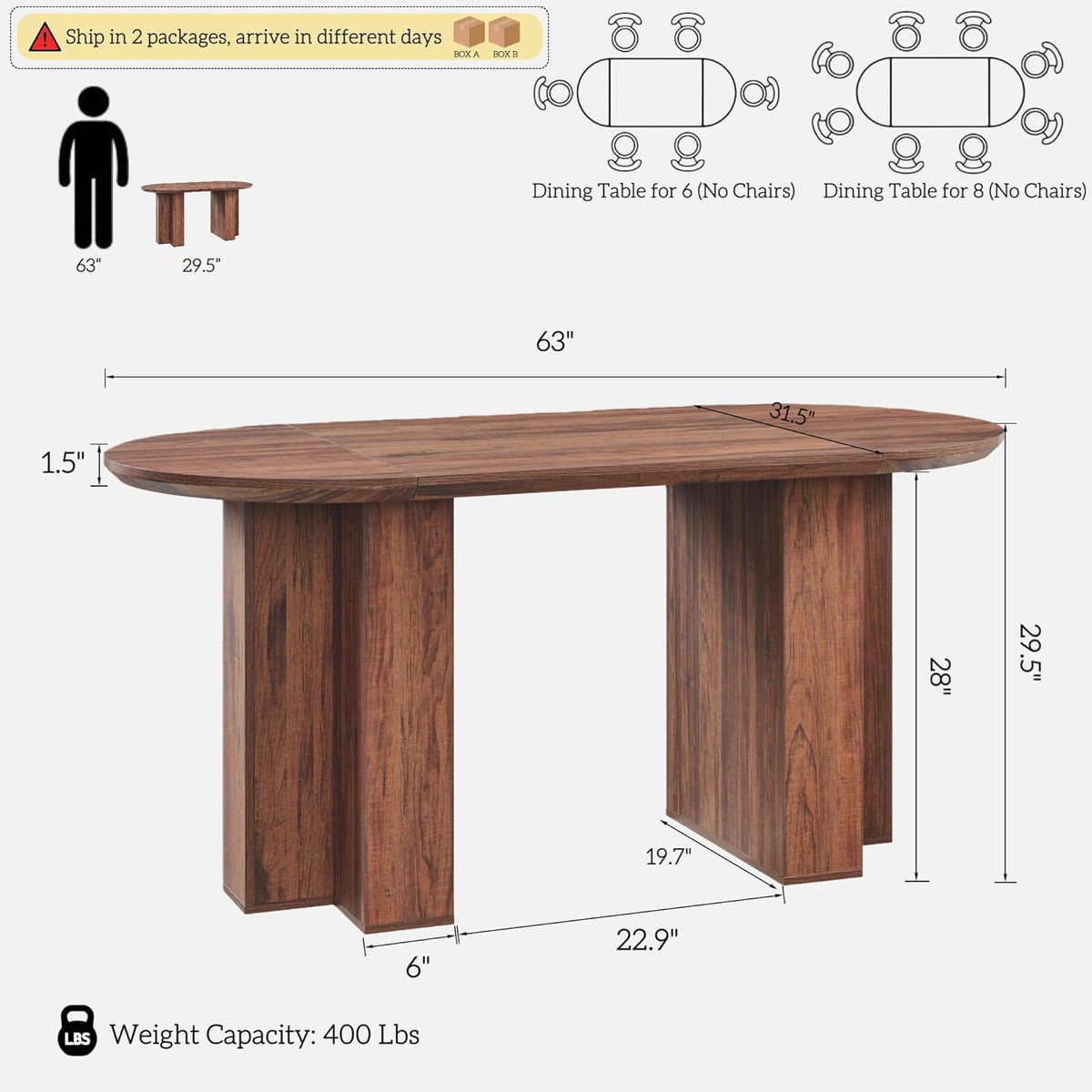 Table de salle à manger ovale moderne en bois OKD de 160 cm (63 pouces) pour 4 à 6 personnes, dotée de piètement stable en forme de T, structure en métal et plateau épais. Table de cuisine robuste, idéale pour la salle à manger ou la cuisine. Finitio