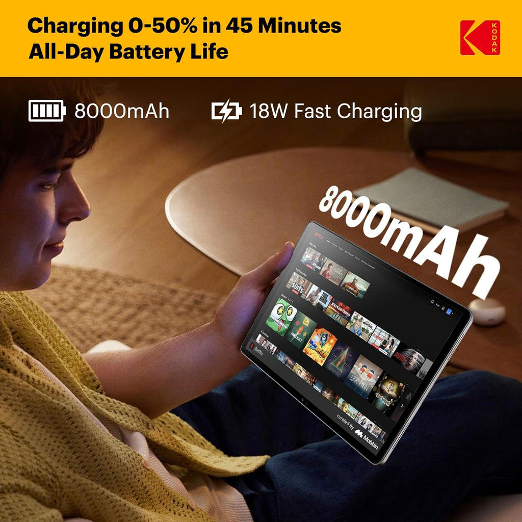 Tablette tactile KODAK K11 Android 15, écran tactile FHD G+G de 10,95 pouces, 12 Go de RAM, 128 Go de stockage (extensible à 1 To), batterie longue durée de 8 000 mAh, quatre haut-parleurs, appareil photo de 16 Mpx, double Wi-Fi, GPS, idéale pour le