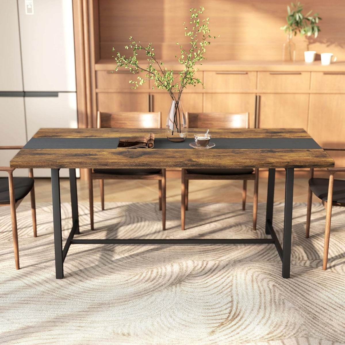 Table de salle à manger industrielle HOMCOM pour 8 personnes, table rectangulaire de 180 cm de long dotée de grand plateau et pieds en acier, marron rustique