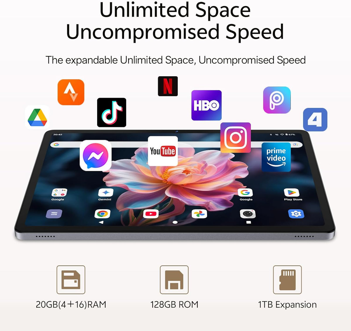 Tablette tactile Android 16 avec clavier, 11 pouces, processeur octocœur et intelligence artificielle Gemini, 20 Go de RAM + 128 Go de ROM (extensible jusqu'à 1 To), double caméra 13 MP + 8 MP, batterie 8 800 mAh, Wi-Fi 6, Widevine L1, 2 en 1 avec so