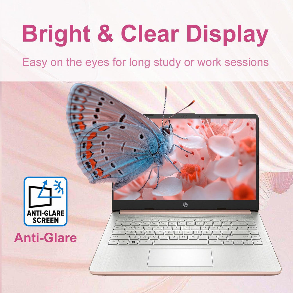 Ordinateur compact portable léger HP 14″ or rose avec Office 365 et Copilot AI, processeur Intel, 4 Go de RAM, SSD de 64 Go + 1 To de stockage cloud