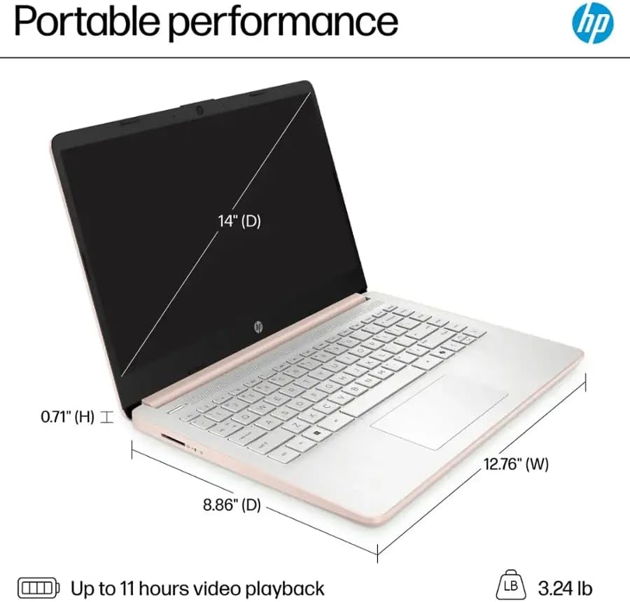 Ordinateur compact portable professionnel HP 14 avec Microsoft Office 365, processeur Intel quadricœur, 128 Go de stockage UFS + 1 To de stockage cloud, 8 Go de RAM, Windows 11, écouteurs SageNova, couleur or rose pâle.