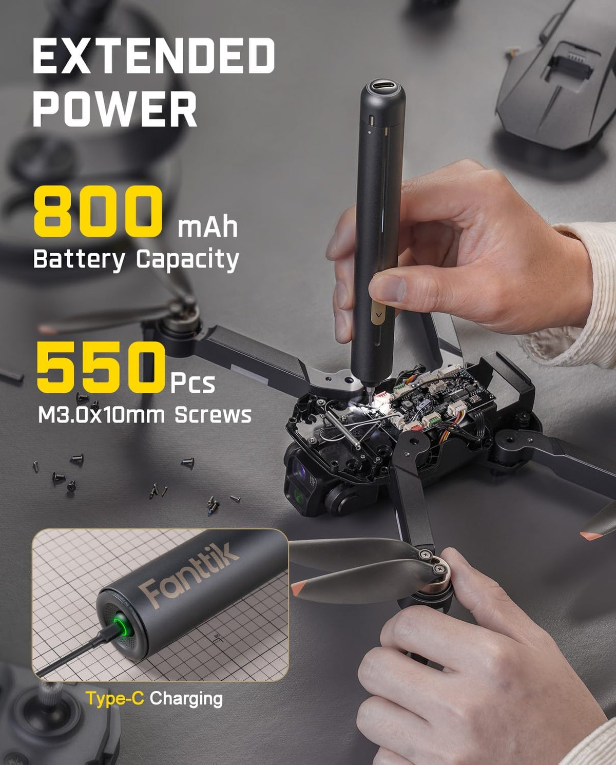 Tournevis électrique ultra mini Fanttik E2, sans fil, couple max. 0,6 Nm, 50 embouts magnétiques, hexagone 5/32'', rangement magnétique, outil de réparation pour appareils électroniques, appareils photo, ordinateurs portables et PC (gris)