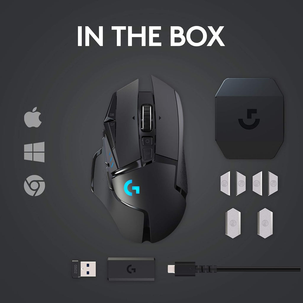 Souris gaming à connectivité sans fil Logitech G502 Lightspeed doté de capteur Hero 25K, compatible PowerPlay, poids ajustables et éclairage RVB Lightsync - Noir