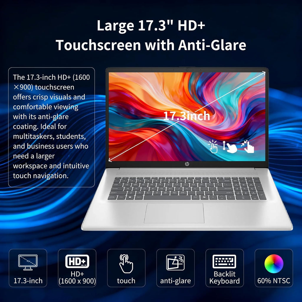 Ordinateur compact portable HP 17 pouces tactile, 32 Go de RAM, SSD 1 To, écran tactile HD+ 17,3 pouces, processeur Intel Core i7 1355U, clavier rétroéclairé, Copilot AI, Wi-Fi 6, Windows 11 Pro, autonomie longue durée, idéal pour les professionnels.