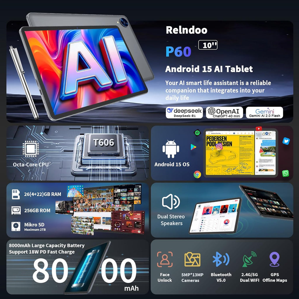 Tablette tactile Android 15 (2026), 10 pouces, avec clavier, 24 Go + 256 Go + 2 To extensible, tablette 2-en-1 avec processeur 8 cœurs, Wi-Fi 5 GHz, batterie 8 000 mAh, Bluetooth 5.0, GMS, GPS, intelligence artificielle Gemini, avec souris, étui et s