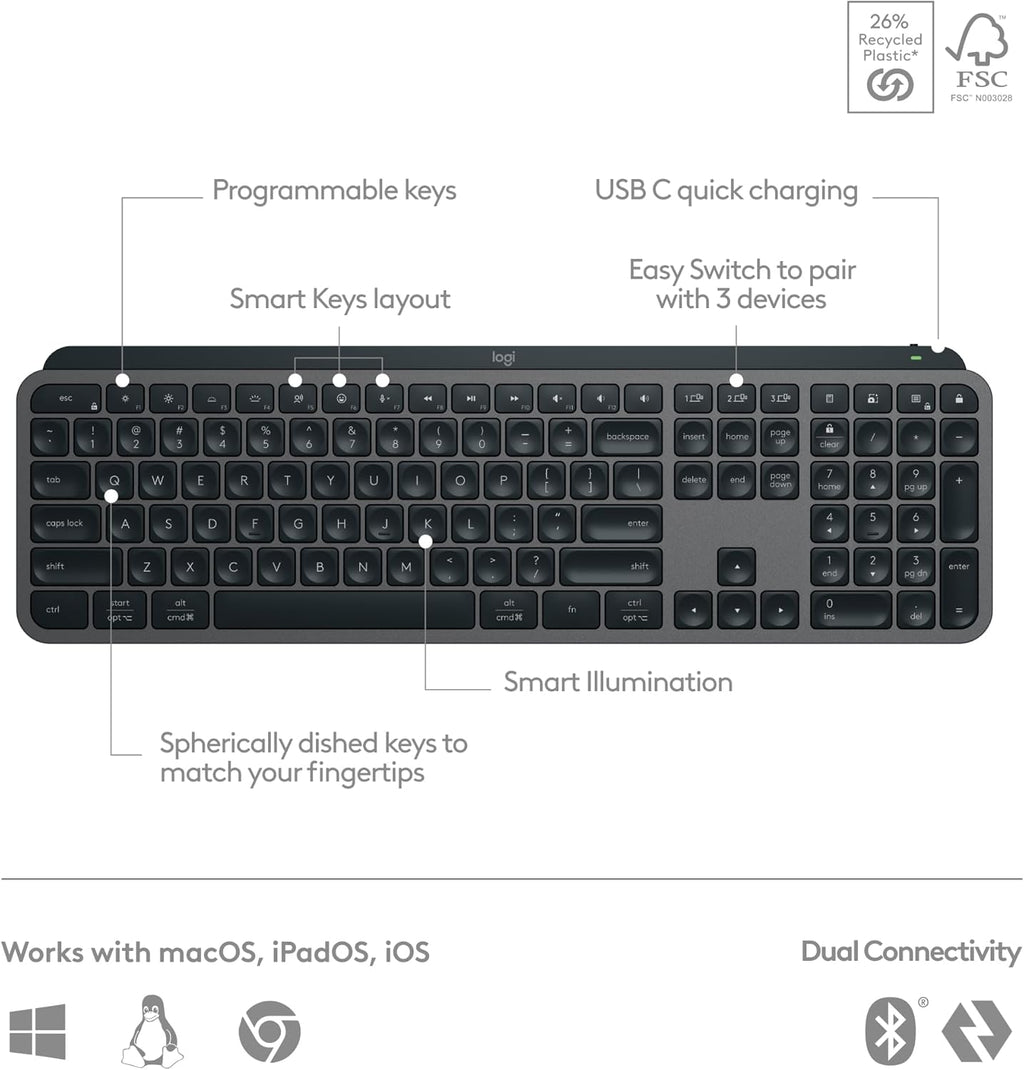 Clavier à connectivité sans fil Logitech MX Keys S, profil bas, frappe fluide, précise et silencieuse, touches programmables, rétroéclairage, Bluetooth, rechargeable par USB-C, compatible PC Windows, Linux, Chrome OS et Mac - Graphite