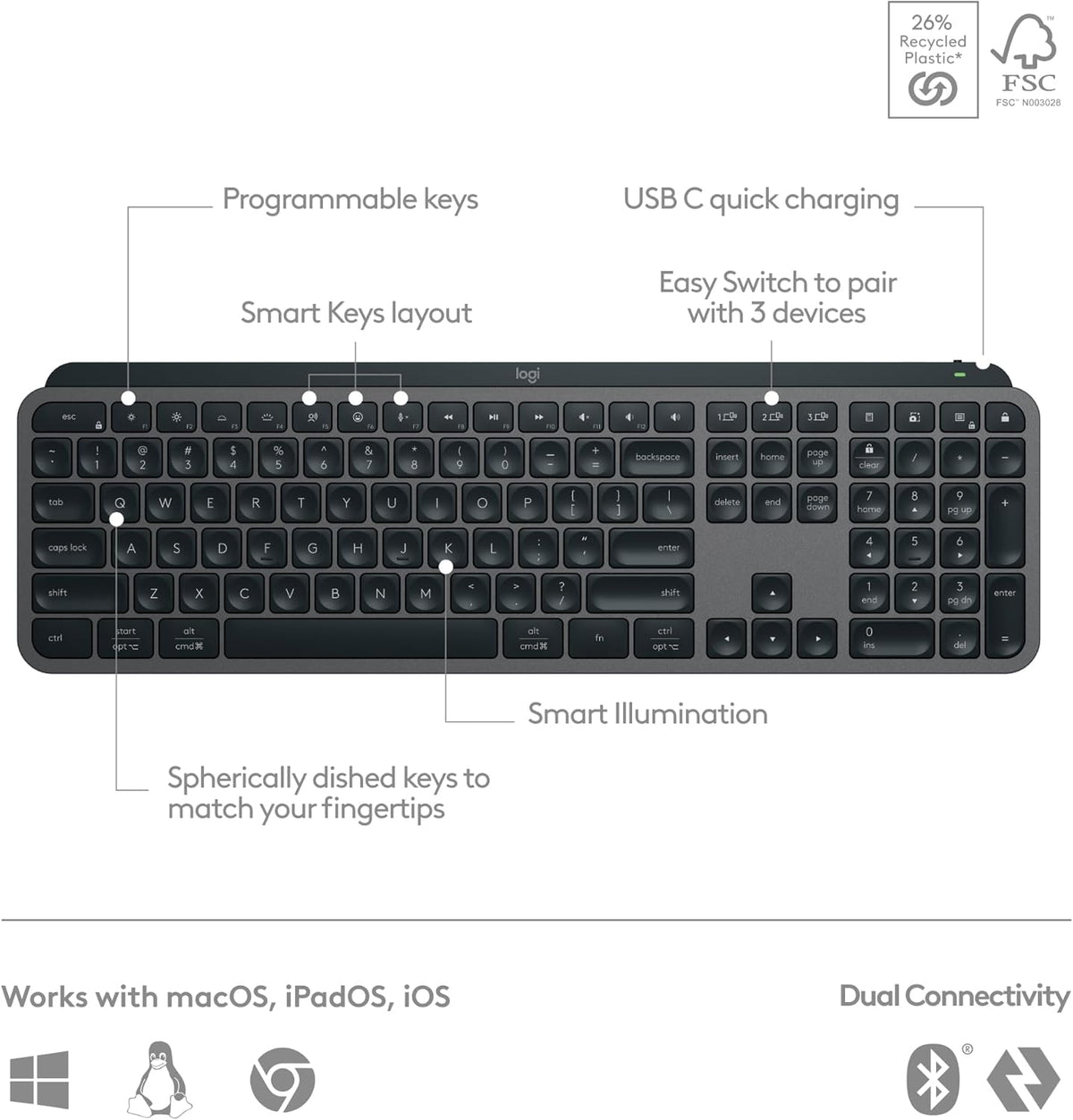 Clavier à connectivité sans fil Logitech MX Keys S, profil bas, frappe fluide, précise et silencieuse, touches programmables, rétroéclairage, Bluetooth, rechargeable par USB-C, compatible PC Windows, Linux, Chrome OS et Mac - Graphite