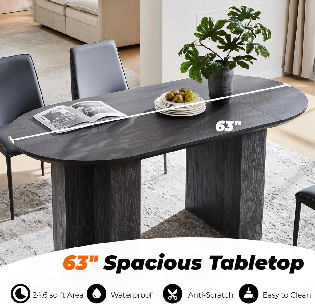 Table de salle à manger ovale moderne en bois OKD de 160 cm (63 pouces) pour 4 à 6 personnes, dotée de piètement stable en forme de T, structure en métal et plateau épais. Table robuste idéale pour la salle à manger, la cuisine ou les réunions de fam