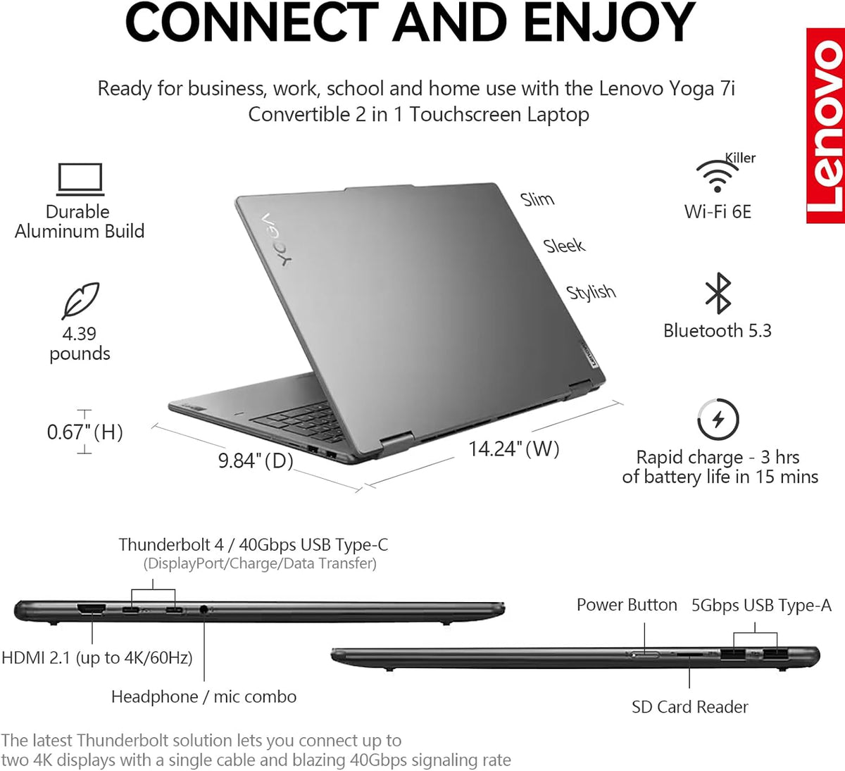 Ordinateur compact portable Lenovo Yoga 7i 2 en 1, écran tactile 16 pouces FHD+, pliable à 360°, convertible, processeur Intel Core Ultra 7, Windows 11 Pro, 16 Go de RAM DDR5, SSD de 1 To, pavé numérique rétroéclairé, lecteur d'empreintes digitales.