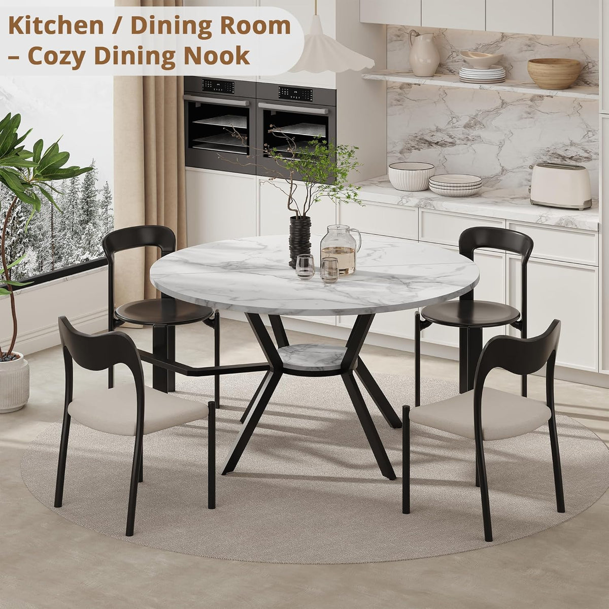 Table ronde de 107 cm (42 pouces) pour 2 à 4 personnes, table de cuisine moderne dotée de plateau en imitation marbre et pieds en métal, table ronde gain de place avec rangement, table en bois pour cuisine et salle à manger.
