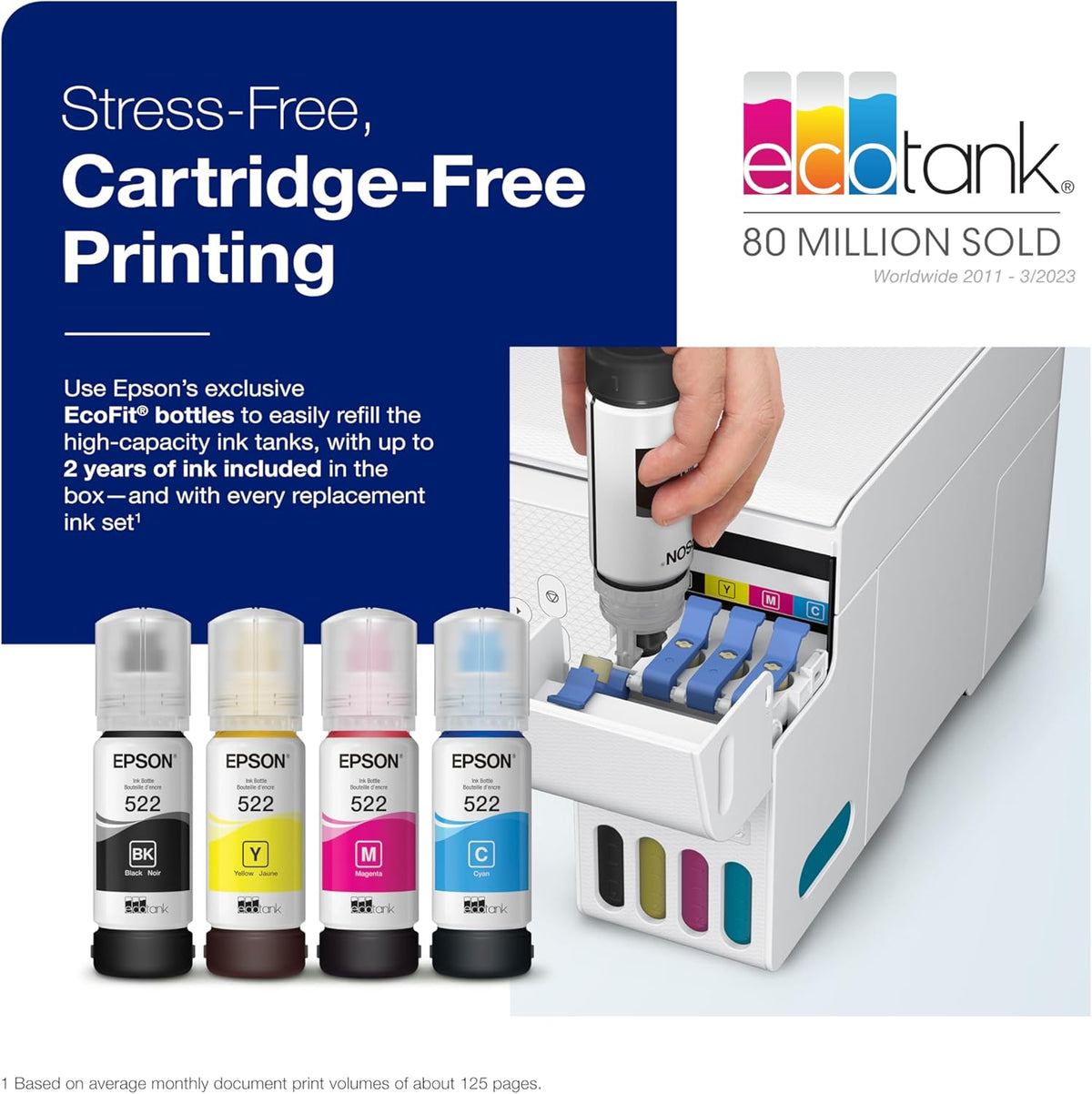 Imprimante multifonction couleur à connectivité sans fil Epson EcoTank ET-2803, sans cartouches, doté de fonction de numérisation, de copie et compatibilité AirPrint.